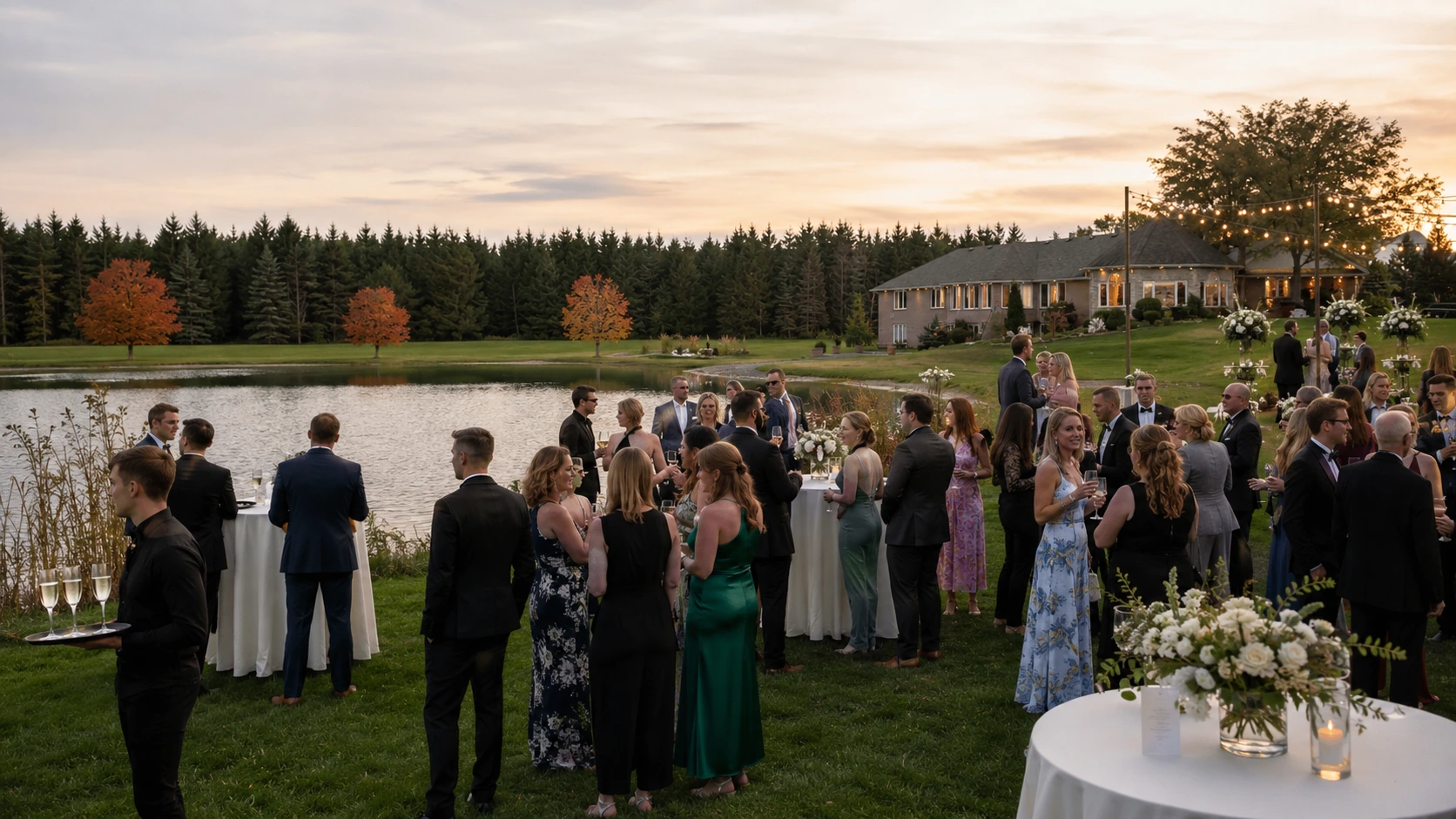 Elegant outdoor cocktail hour beside the pond