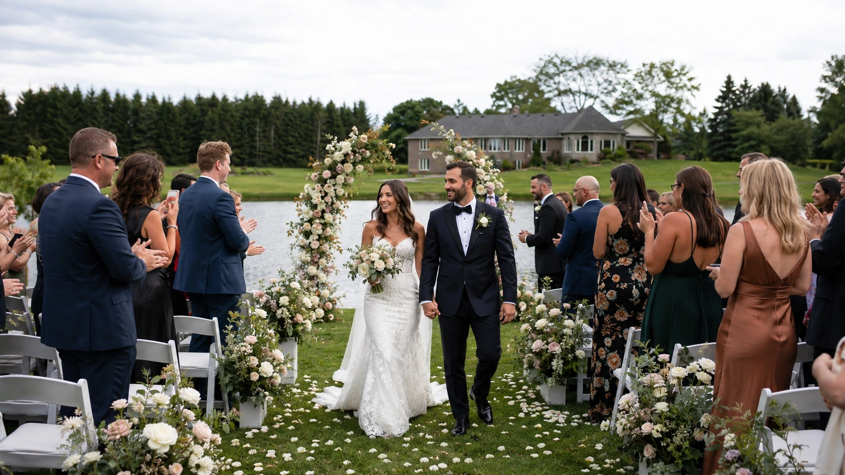 Newly married couple walking down the lakeside ceremony aisle