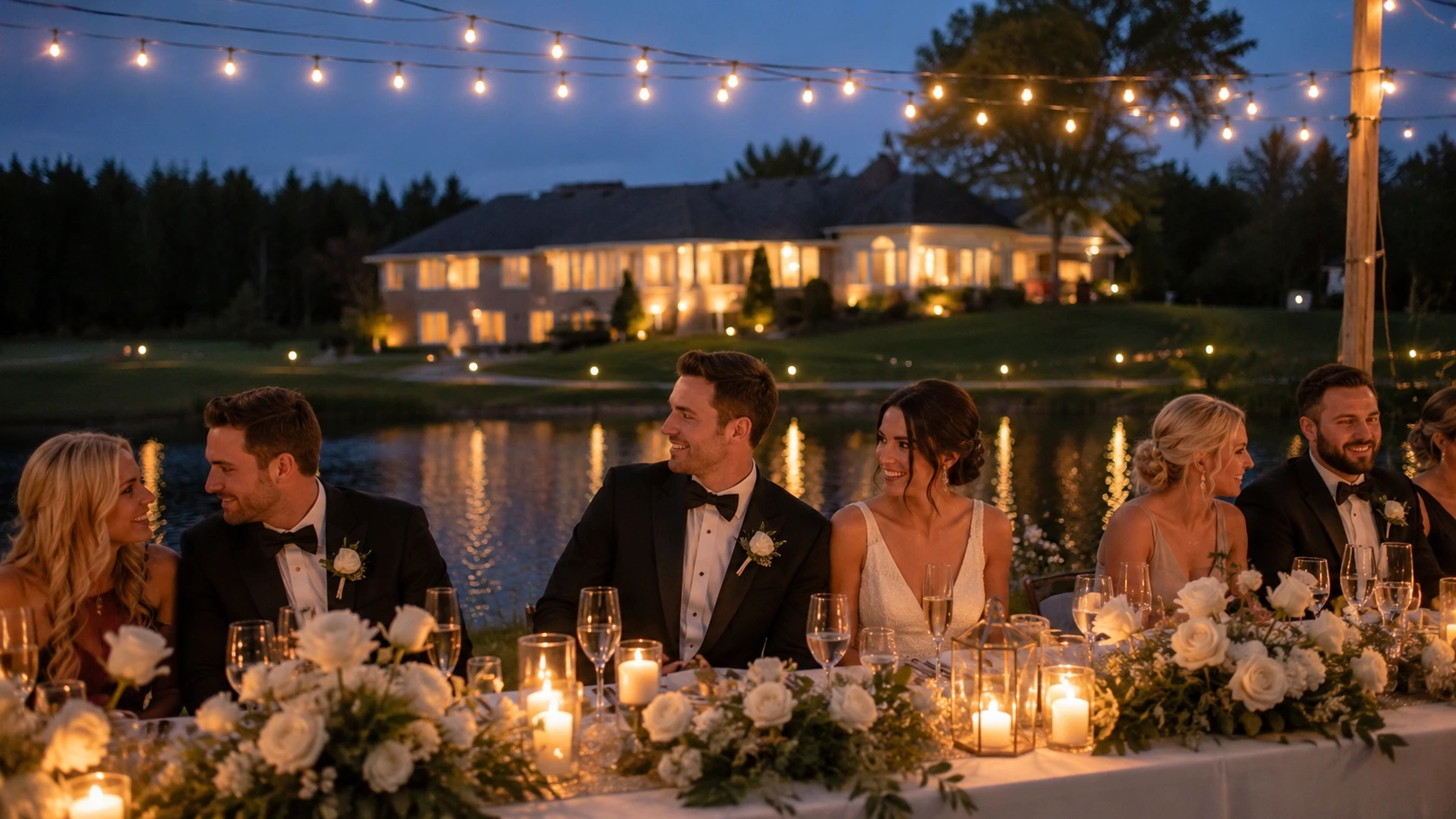 Candlelit wedding dinner beside the pond
