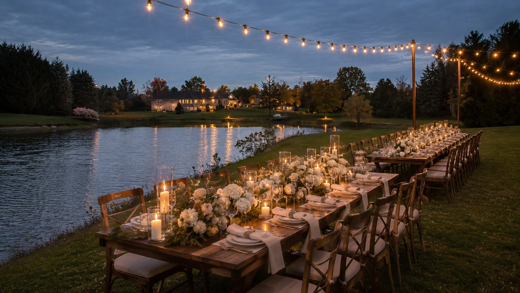 Empty candlelit long-table wedding reception beside the pond