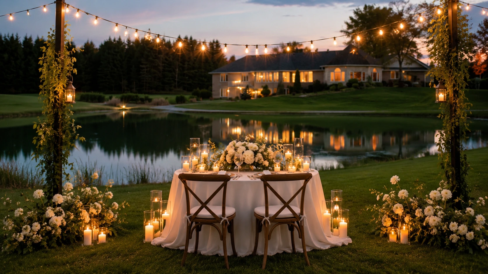 Empty sweetheart table for two facing the pond and manor