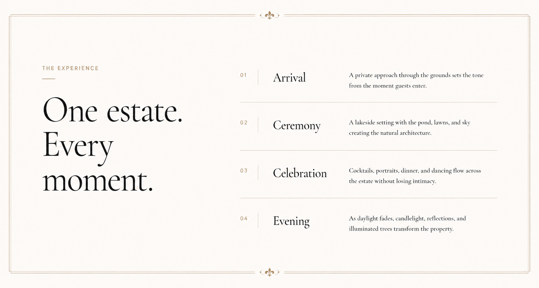 The Kuettel Manor Estate experience from arrival and ceremony through celebration and evening