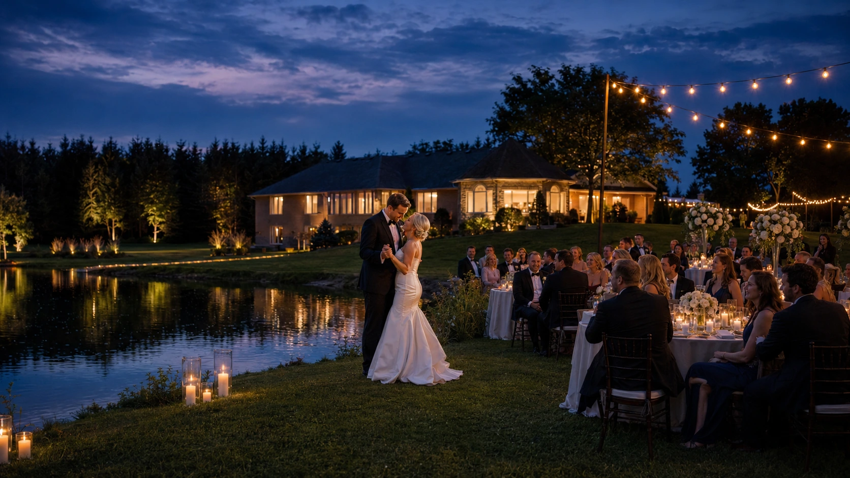 Bride and groom sharing a first dance beside the pond at twilight