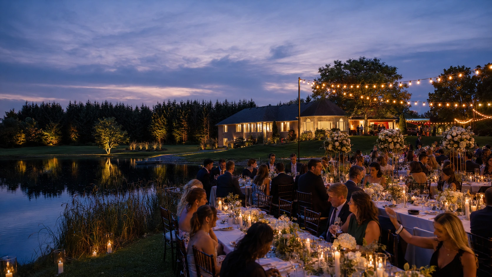 Outdoor wedding reception under string lights