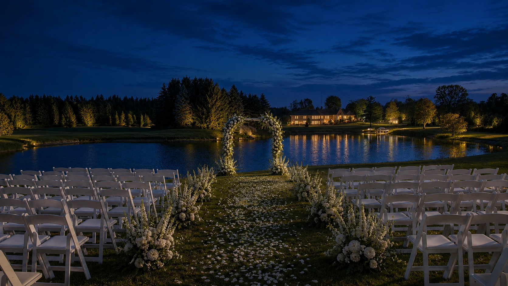 Illuminated lakeside wedding ceremony setup at The Kuettel Manor Estate at night
