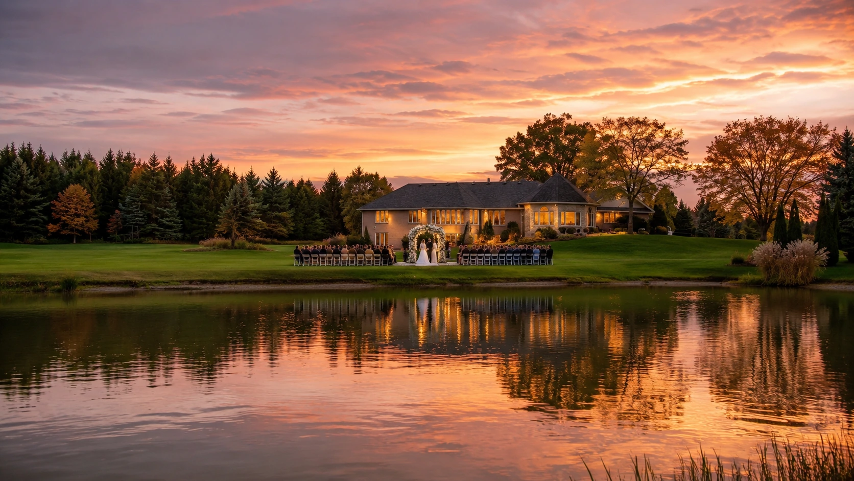 The estate and pond at sunset