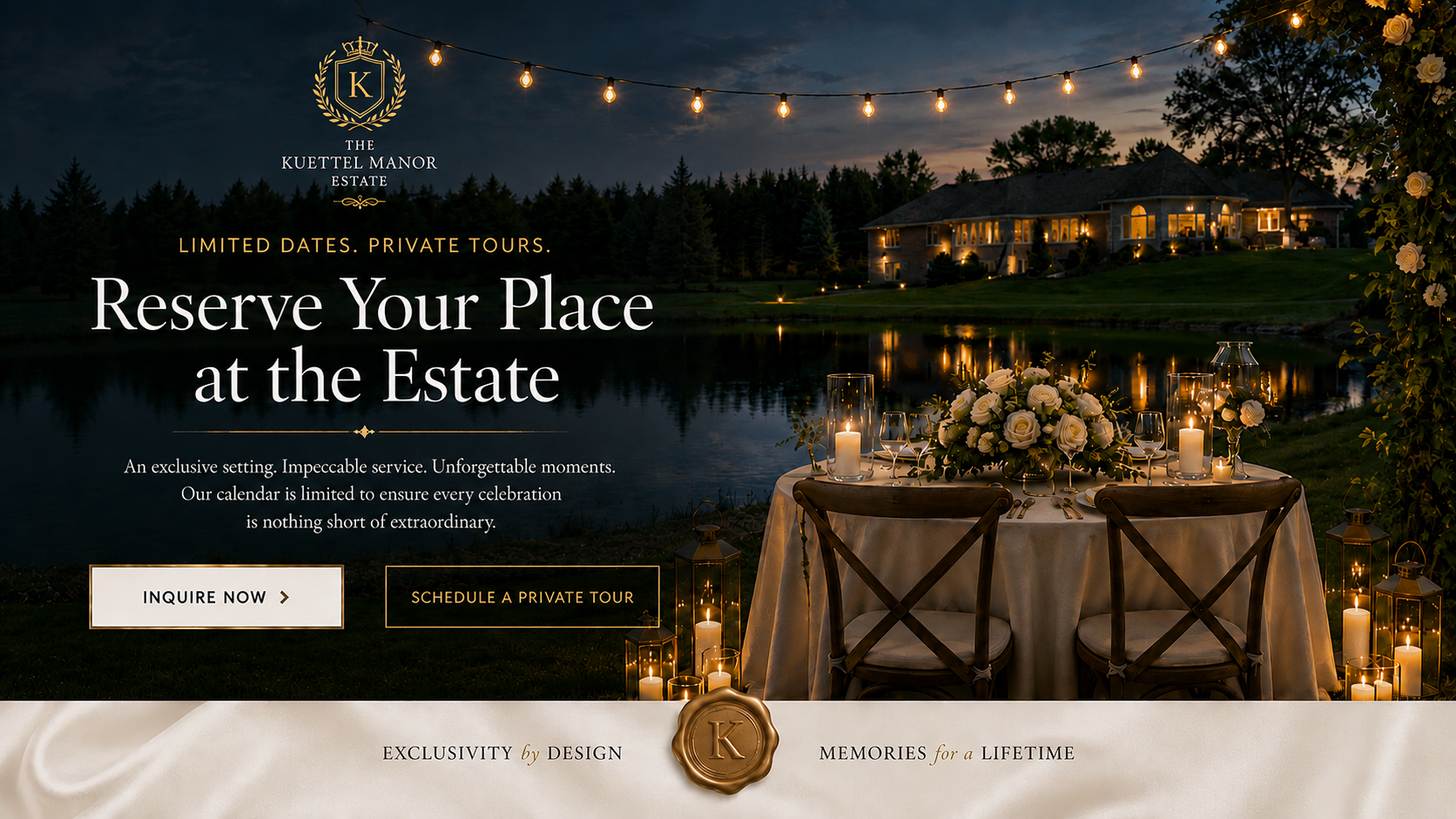 Reserve your place at The Kuettel Manor Estate for an exclusive private wedding celebration